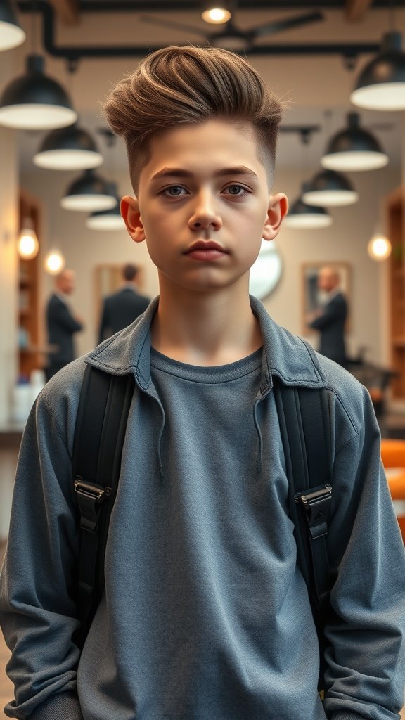 A teenage boy with a thick brush-up hairstyle and drop fade, standing in a modern barbershop.