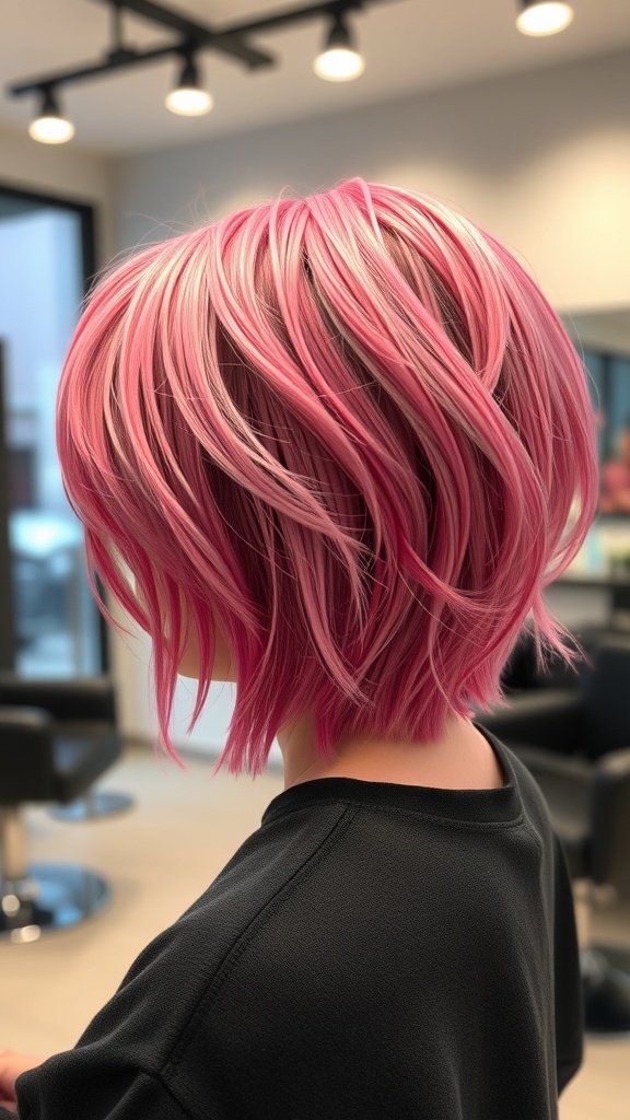 A vibrant pink shag haircut with bold texture, showcasing layers and movement.