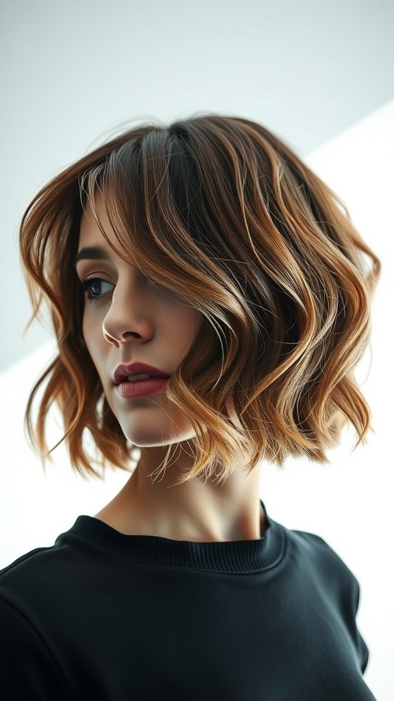 A woman with a wavy bob hairstyle featuring layered bangs, showcasing a modern and stylish look.