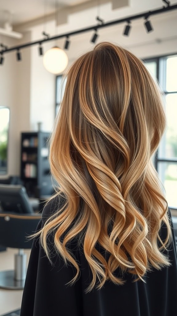 Wavy layered haircut with side bangs, showcasing soft waves and layers.