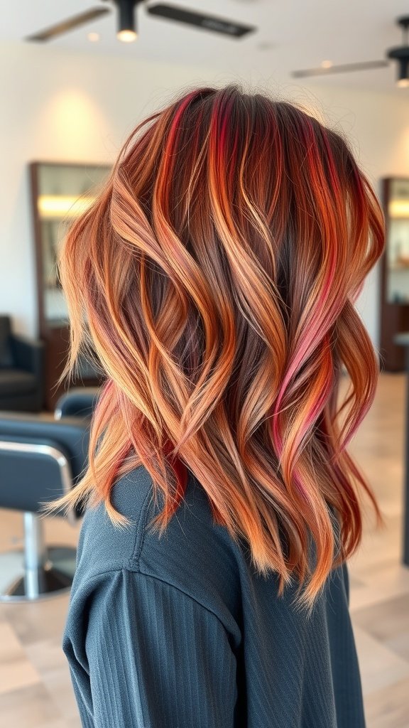 A wavy shag haircut with deep sculptural layers and warm tones.