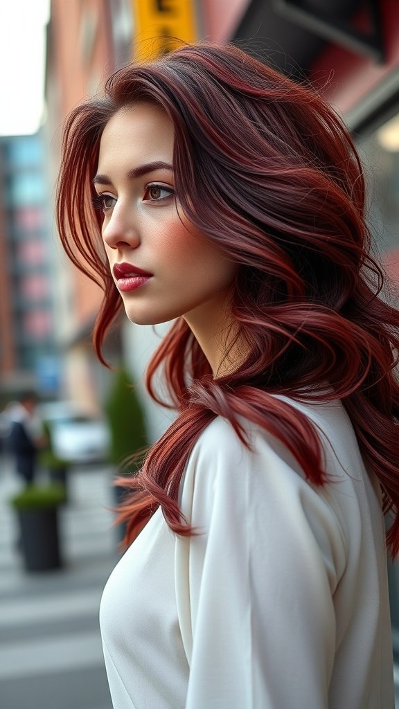 A woman with wine red wavy hair, showcasing a stylish look in an urban setting.