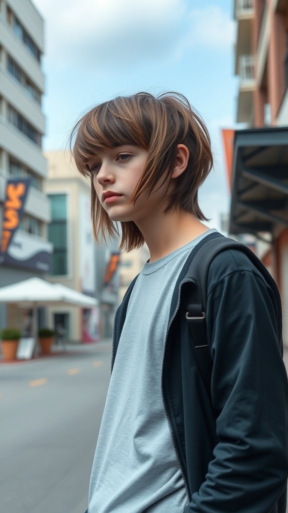 A teenage boy with an angled bob haircut, standing in a city street.
