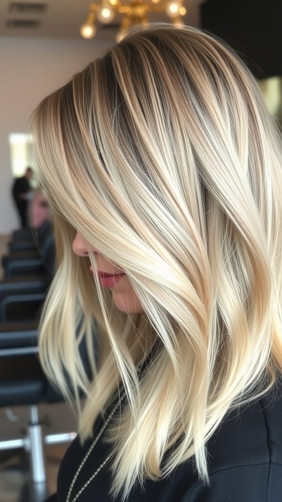 A side view of layered ash blonde hair with soft gray blending.