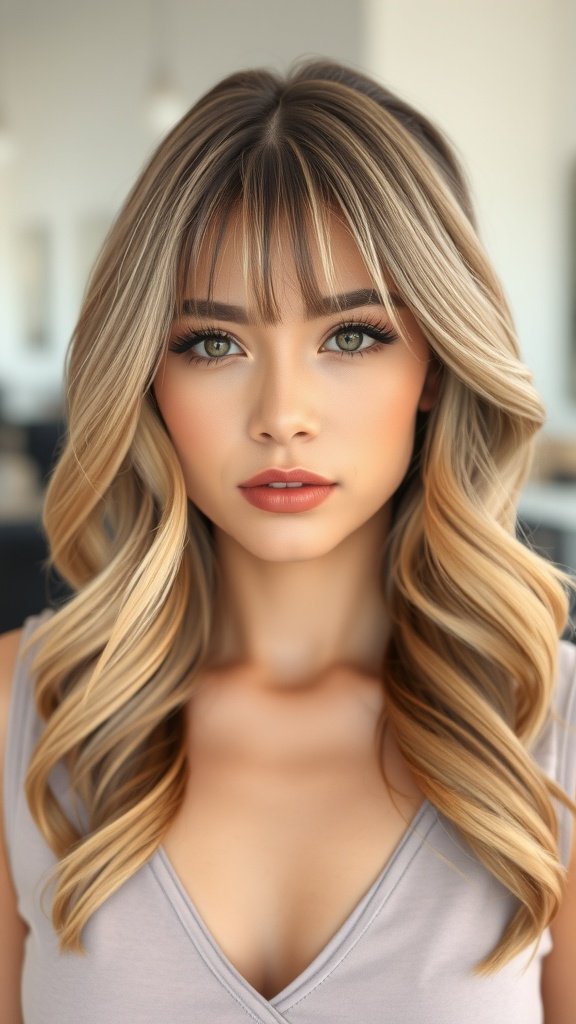 A woman with balayage curls and curtain bangs, showcasing a stylish hairstyle.