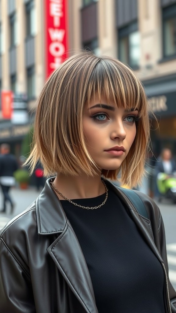 A young woman with a blunt cut bob hairstyle featuring choppy textured ends, wearing a black outfit and a leather jacket.
