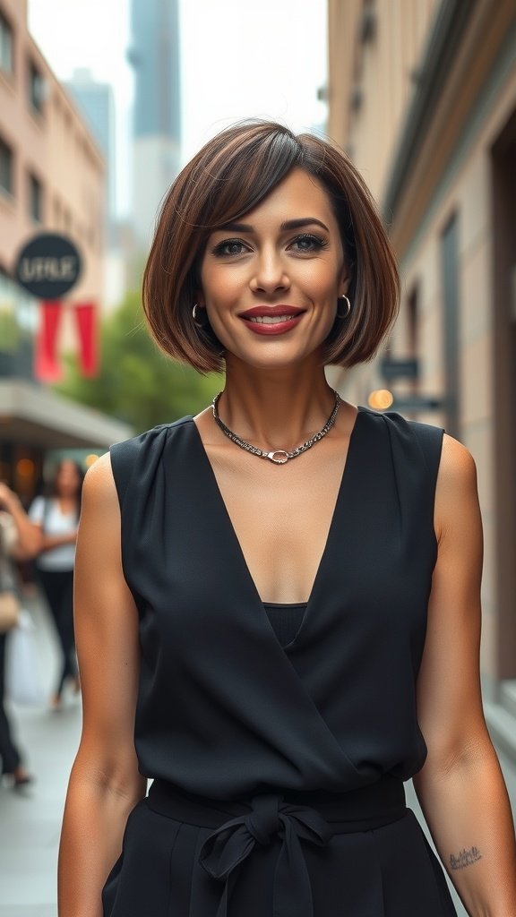 A woman with a blunt jawline bob hairstyle, wearing a black top, smiling confidently in an urban setting.