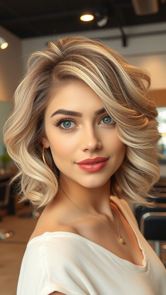 A woman with a bob hairstyle featuring soft spiral curls, showcasing a stylish and youthful look.