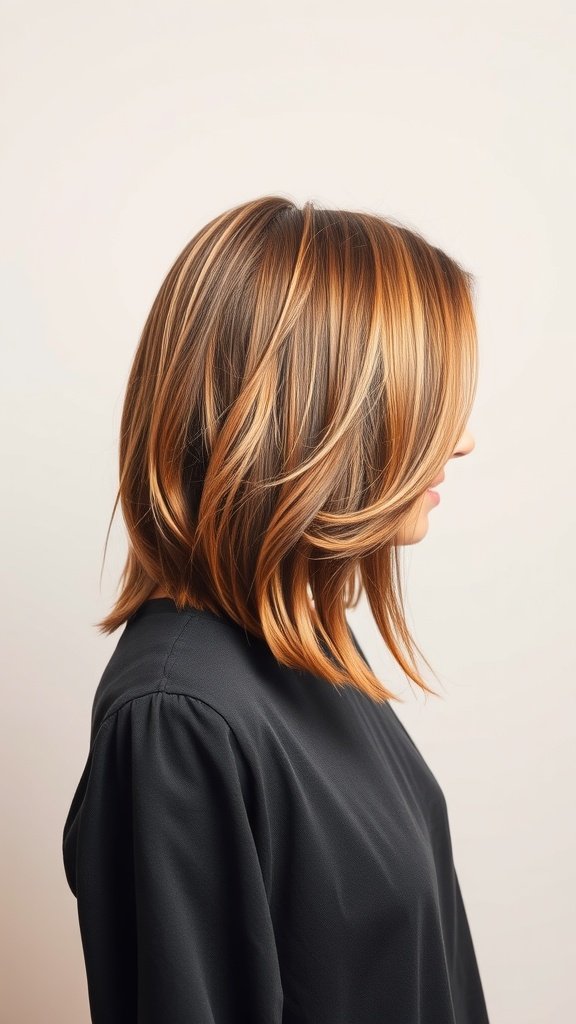 Shoulder-length hair with bronze highlights