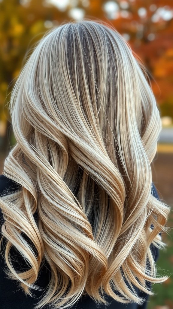 A beautiful blonde balayage hairstyle with soft waves and warm tones.