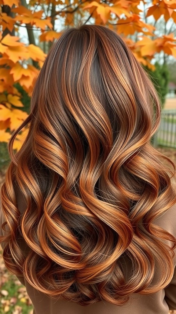 A beautiful hairstyle featuring chestnut and auburn colors with flowing curls.