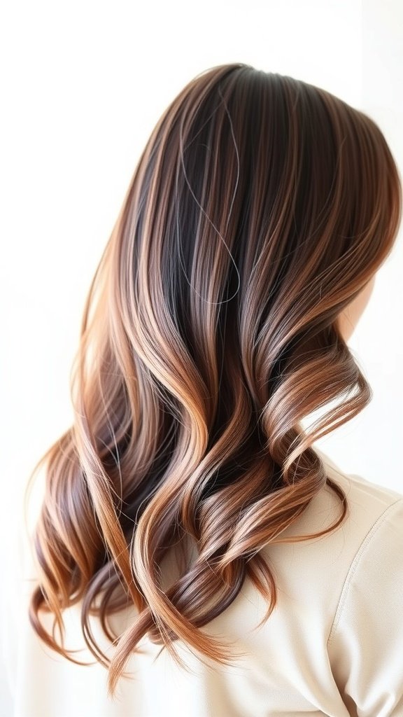A woman with chocolate brown to mauve ombre hair styled in soft waves.