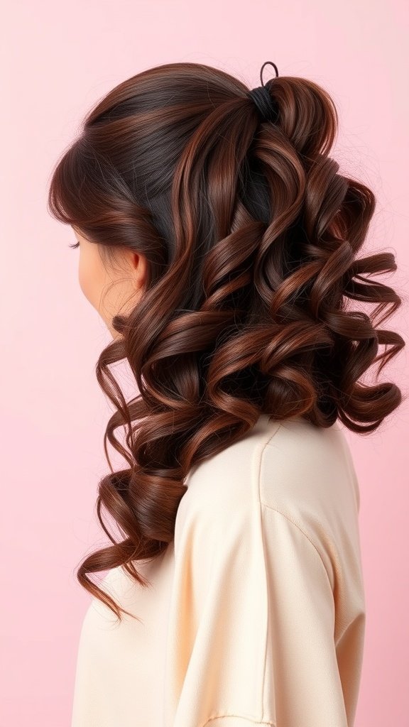 A woman with shoulder-length curly hair styled in a side ponytail against a pink background.