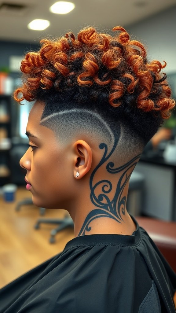 A stylish curly undercut featuring vibrant curls on top and a shaved design on the side.