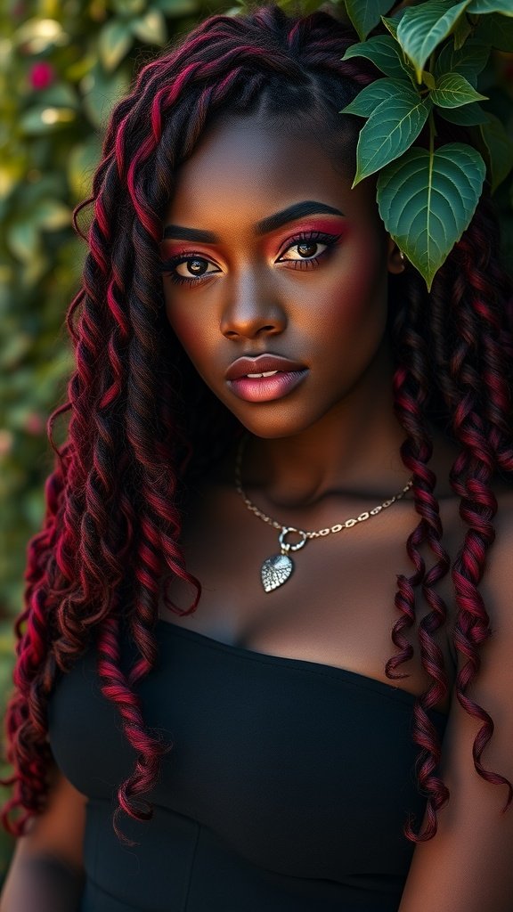 A woman with dark cherry colored coils, showcasing a vibrant hairstyle against a green backdrop.