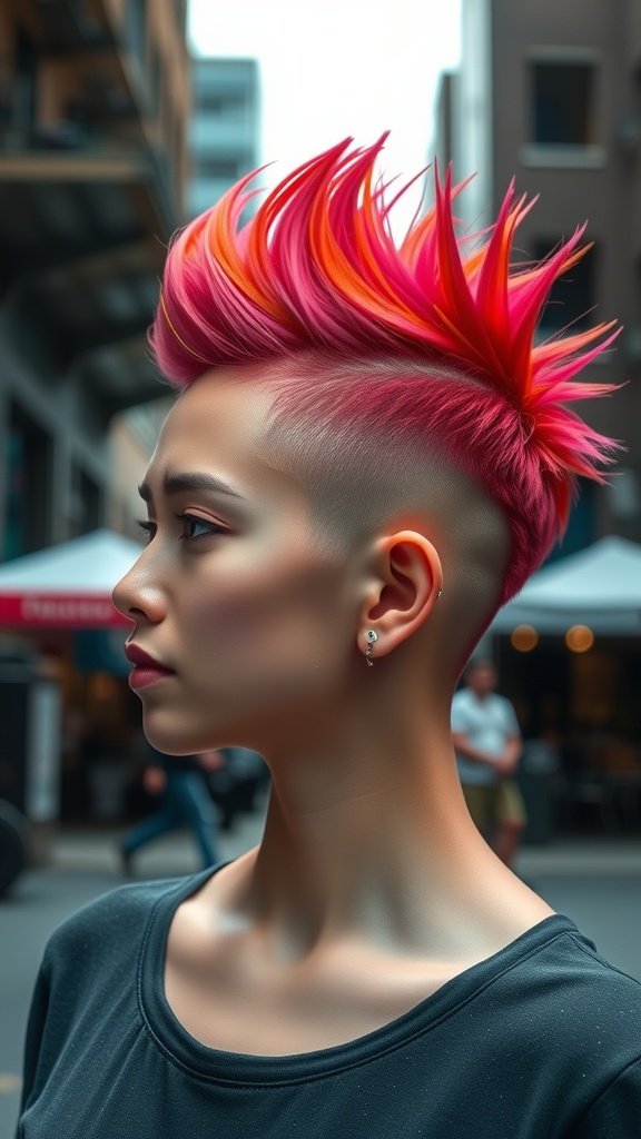 A person with an edgy short haircut featuring a spiked top in vibrant pink and orange colors.