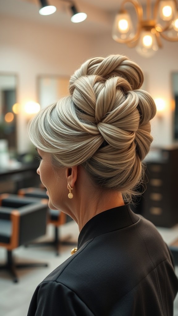 An elegant beehive updo hairstyle on an older woman, showcasing intricate braiding and soft blonde tones.