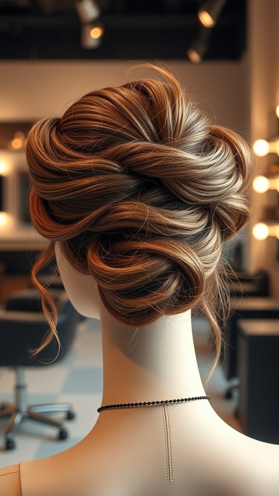 A close-up view of a wispy updo hairstyle featuring copper hair color, showcasing intricate twists and loose tendrils.