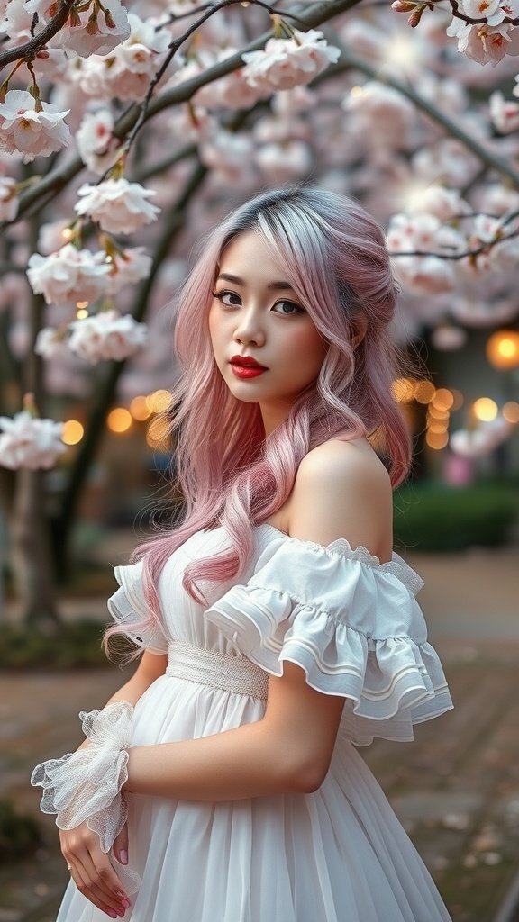 A model with pastel pink hair wearing a white dress, surrounded by cherry blossoms.