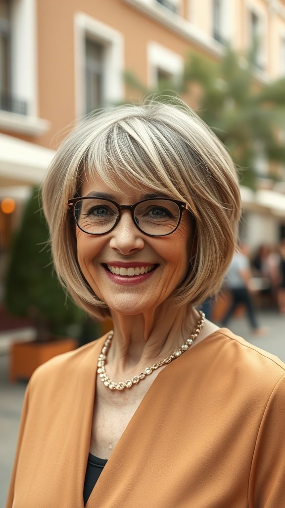 A woman with a feathered jaw-length bob hairstyle, wearing glasses and a necklace, smiling outdoors.