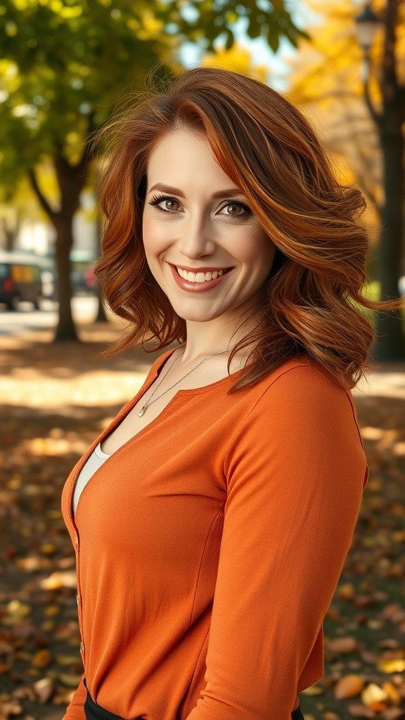 A woman with shoulder-length fiery auburn curls, smiling in a park during autumn.