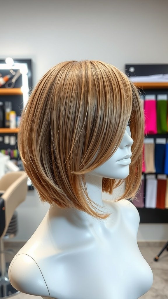 A mannequin displaying a Gradual Length Transition Bob haircut with soft layers.