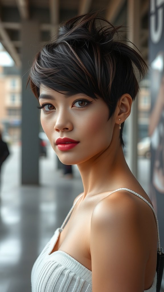 A model showcasing a high-fashion structured-cut shag hairstyle, featuring sharp layers and a sleek finish.