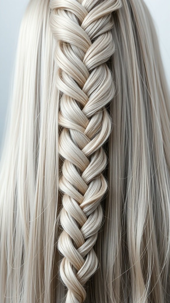 A detailed view of an intricate Dutch braid on silver hair, showcasing the beautiful texture and shine.