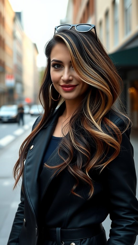 A woman with jet black brown hair featuring dirty blonde highlights, smiling confidently in a stylish outfit.