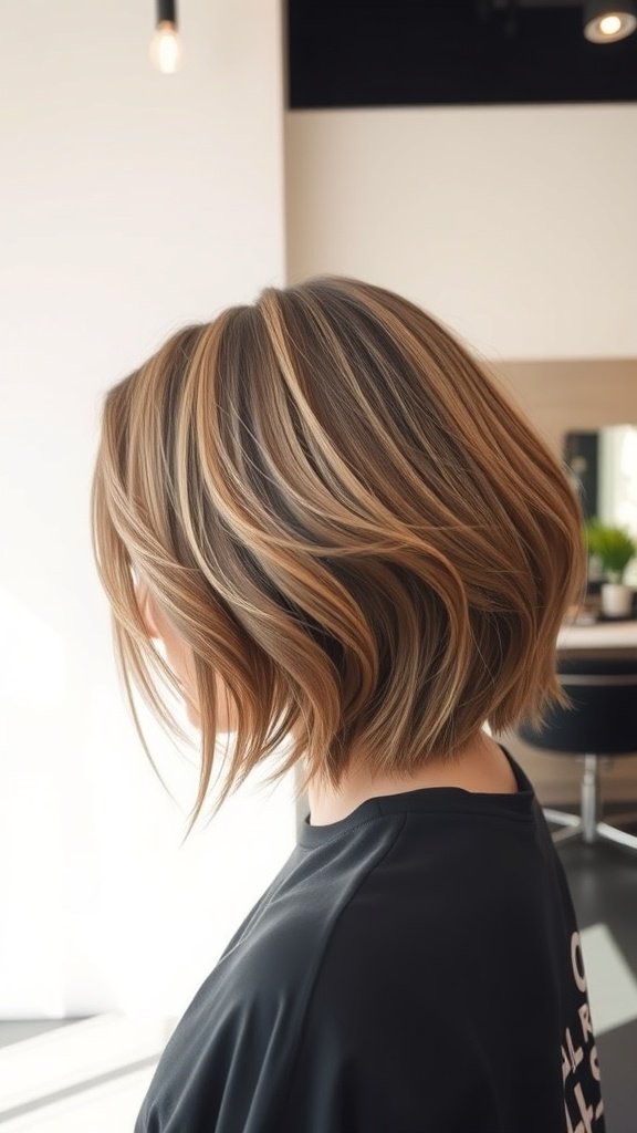 A woman with a layered bob haircut at jaw length, showcasing soft layers and subtle highlights.
