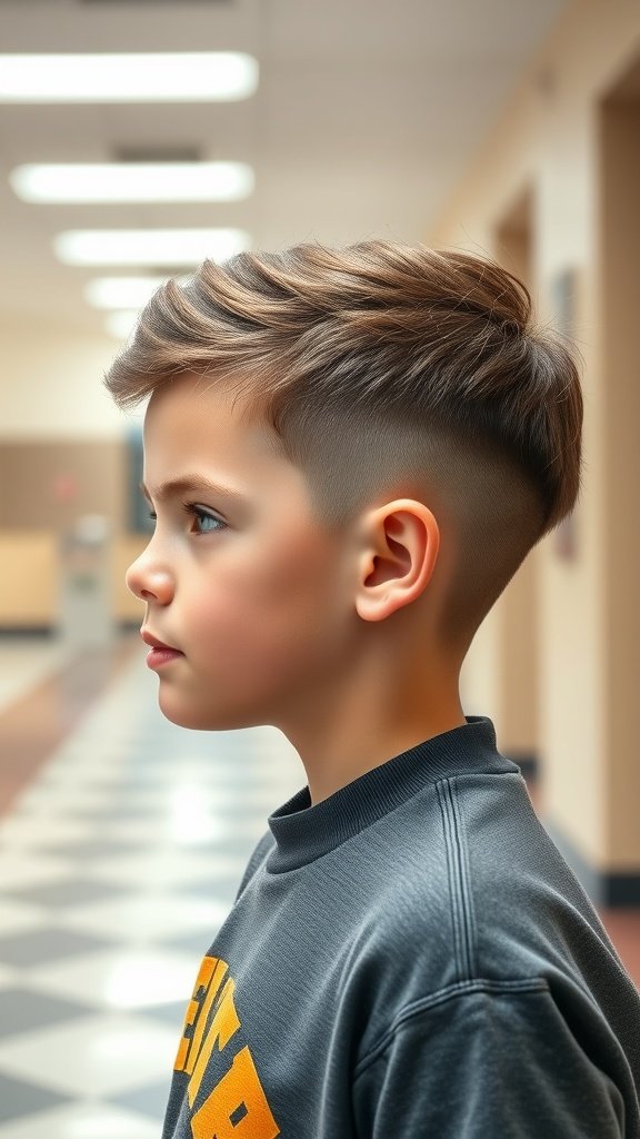 A boy with a low taper fade haircut, showcasing a clean and stylish look.