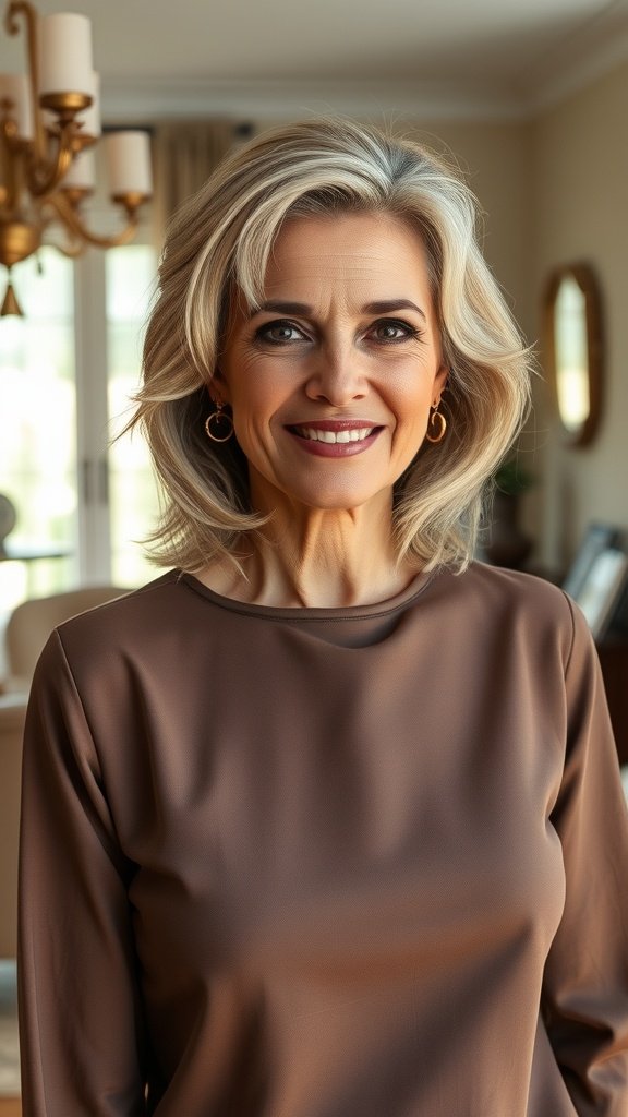 A woman with medium-length hair styled in natural waves, smiling warmly.