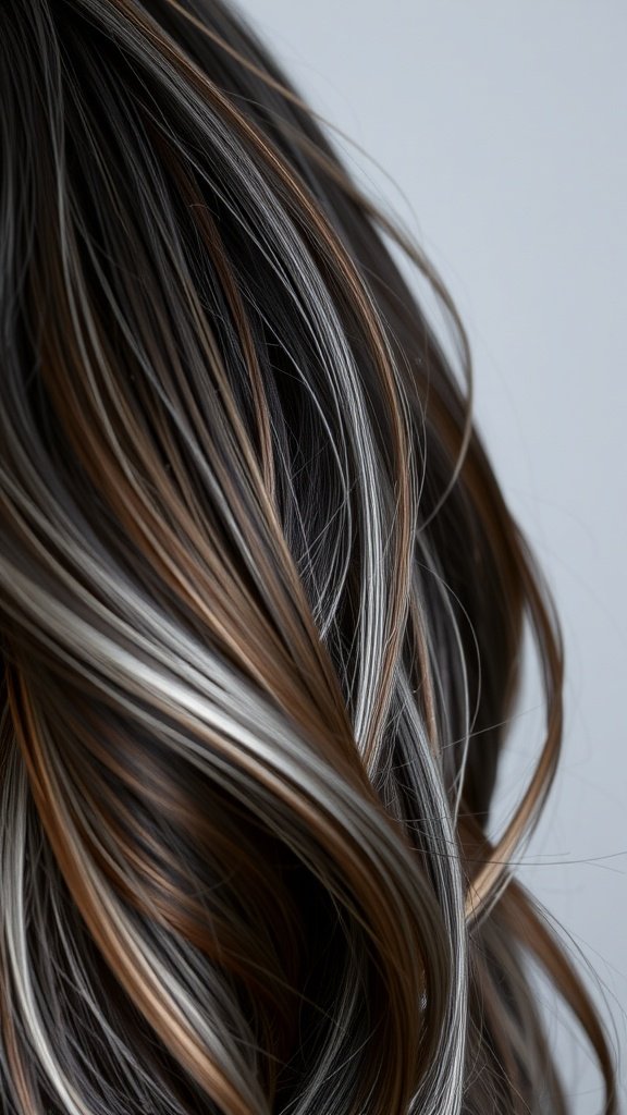 Dark brown hair with metallic silver highlights