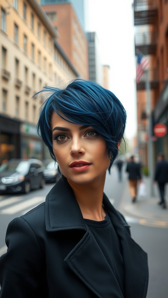 A woman with a midnight blue bixie haircut, wearing a black coat, standing on a city street.