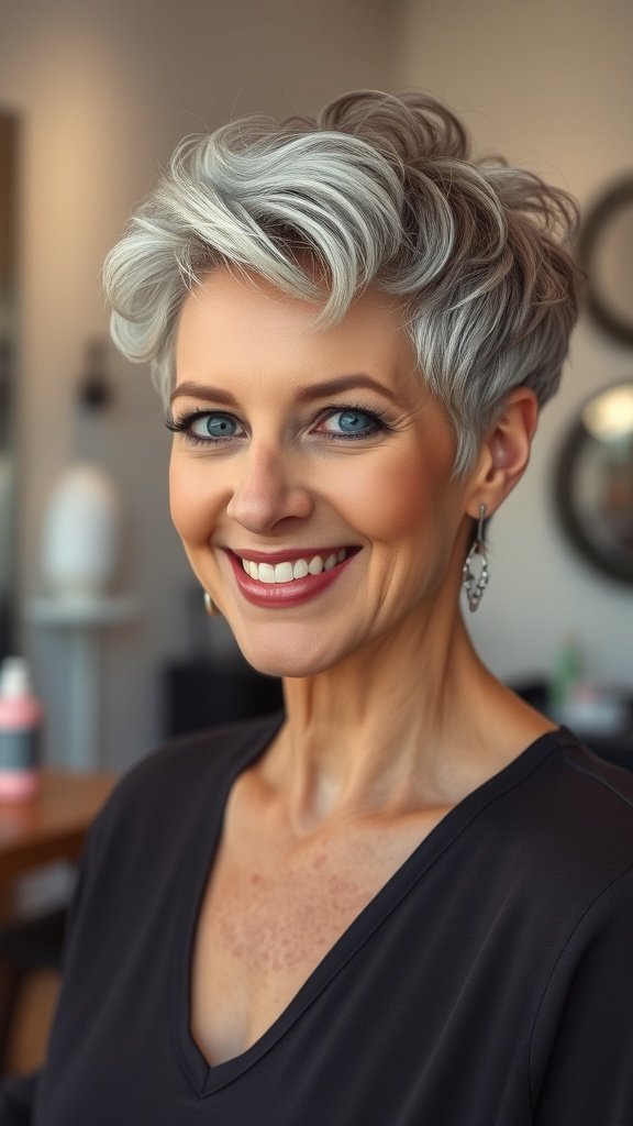 A woman with a stylish pixie haircut featuring a curly crown and tapered sides, smiling confidently.