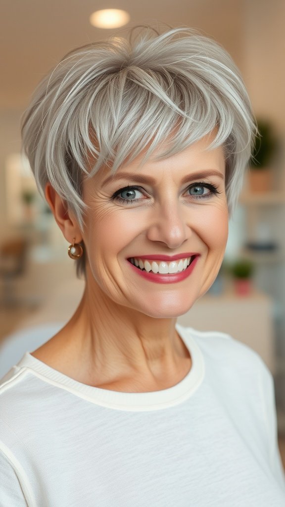 A woman over 50 with a pixie haircut featuring razor-cut layers and wispy bangs, smiling confidently.