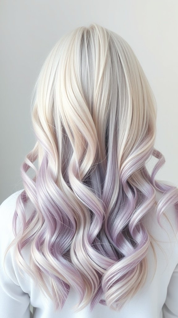 A back view of long, wavy hair styled in platinum blonde with lilac highlights.