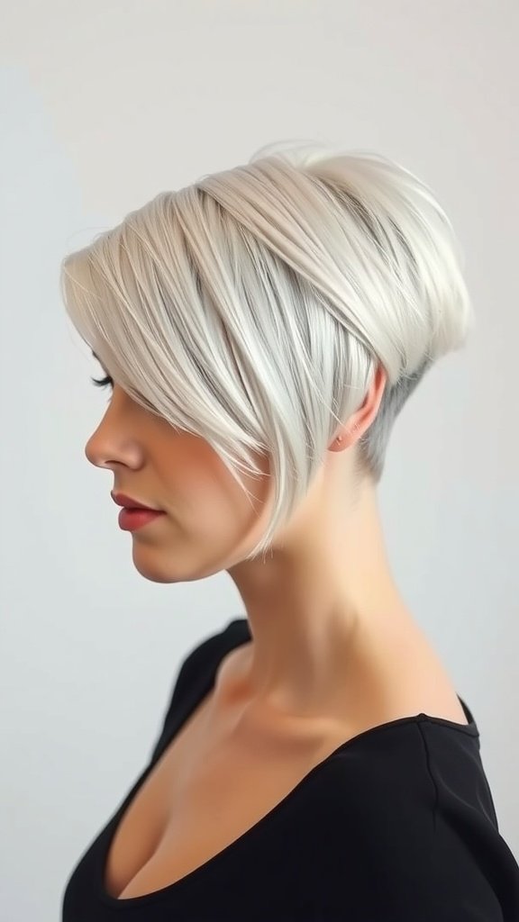 A stylish platinum pixie haircut with a side part, showcasing a modern and sleek look.