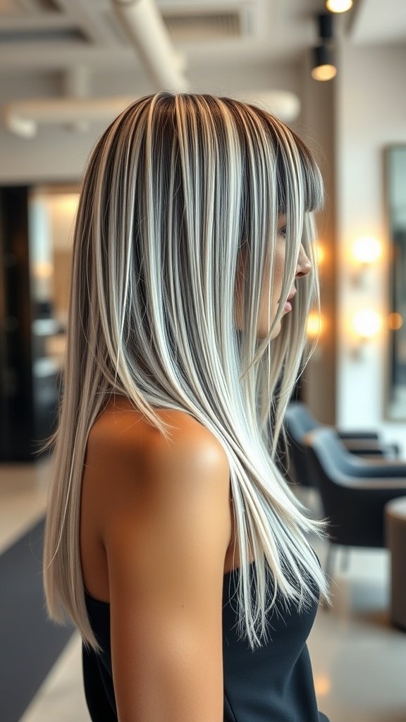 A woman with sable and platinum striped hair, showcasing a modern hairstyle in a salon setting.
