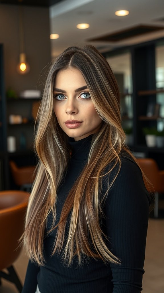 Woman with sable brown hair featuring mink blonde highlights, looking confidently at the camera.