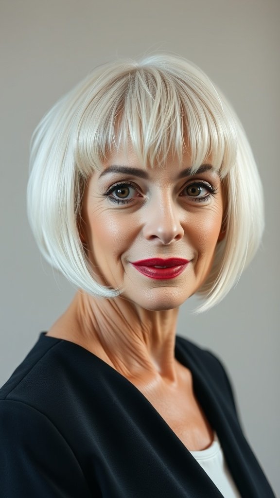A woman over 70 with a short platinum blonde bob and bangs, showcasing a stylish and confident look.