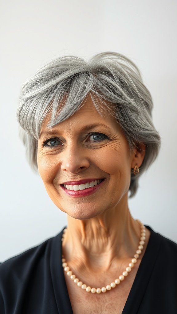 A smiling older woman with a short textured crop hairstyle and fringe, wearing a pearl necklace.