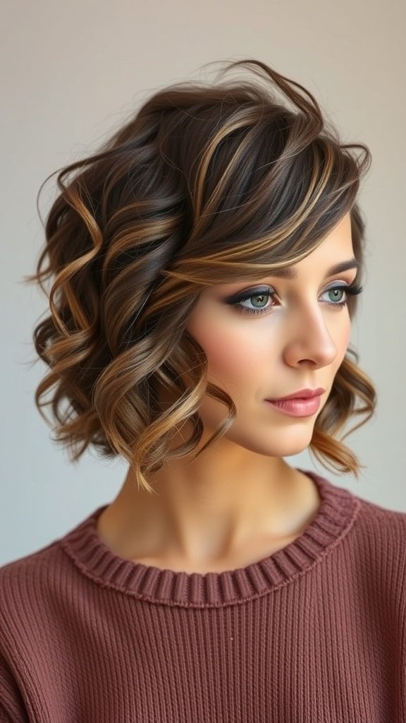 A woman with a side-parted curly bob hairstyle featuring subtle lowlights.