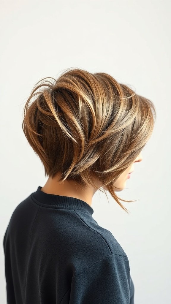 A side-parted pixie haircut with soft waves, showcasing layers and texture.