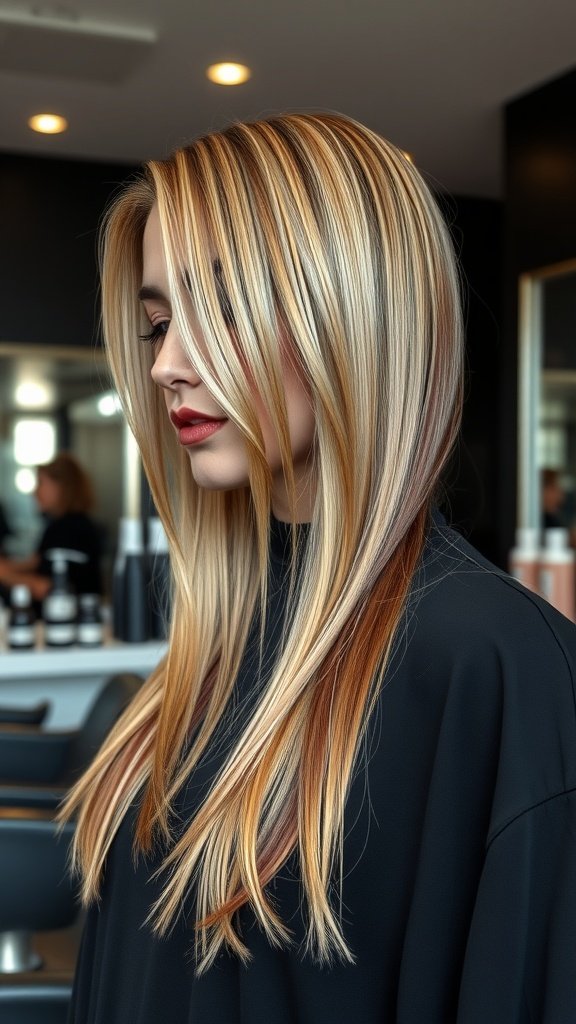 Sleek blonde hair with maroon lowlights styled in layers
