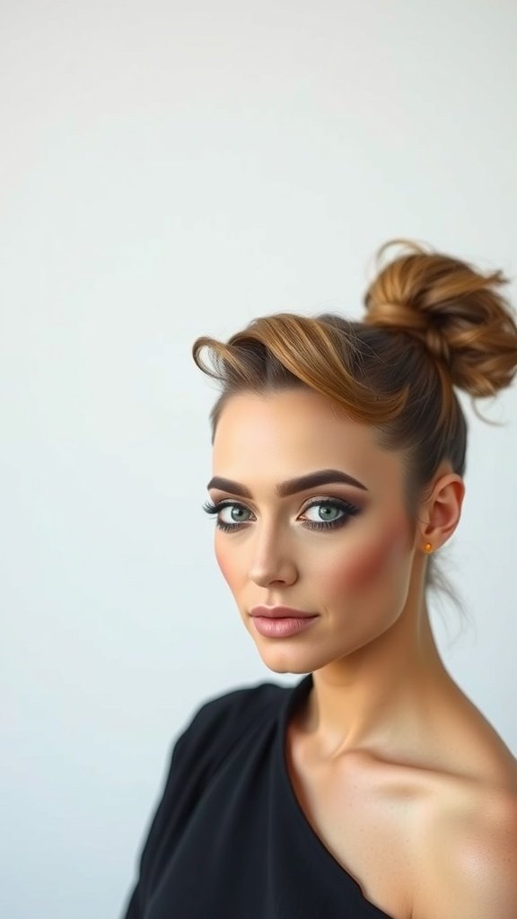 A woman with a sleek high ponytail and wispy bangs, showcasing a modern hairstyle.