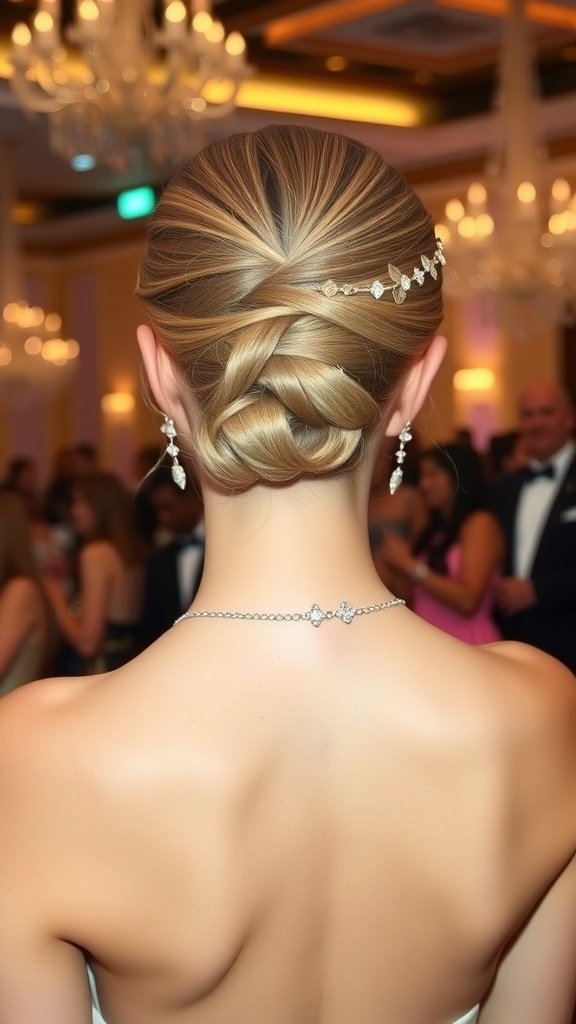 A woman with slicked-back long hair styled elegantly for prom, showcasing a beautiful updo with accessories.