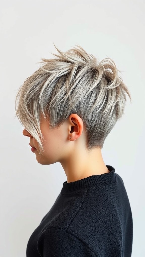 A woman with a soft spiky pixie hairstyle featuring a textured top, showcasing light spikes and shorter sides.