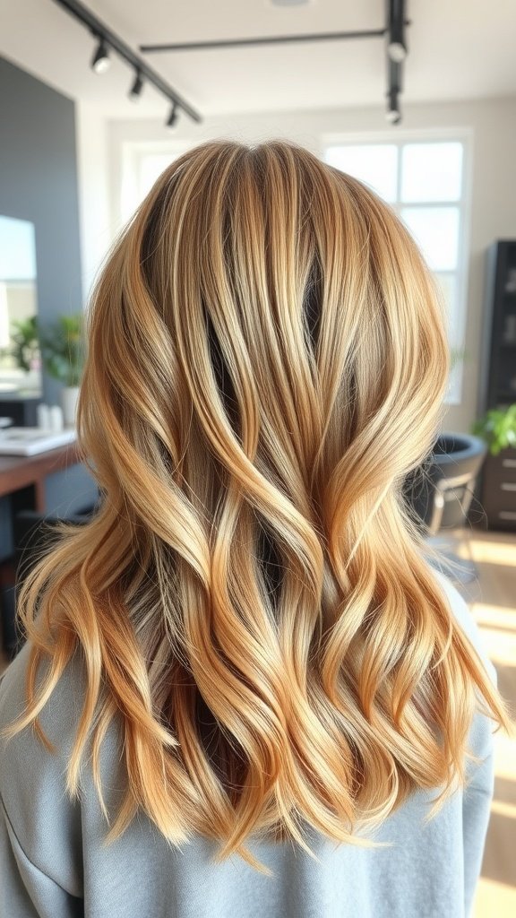 Soft wavy shag haircut with honey highlights