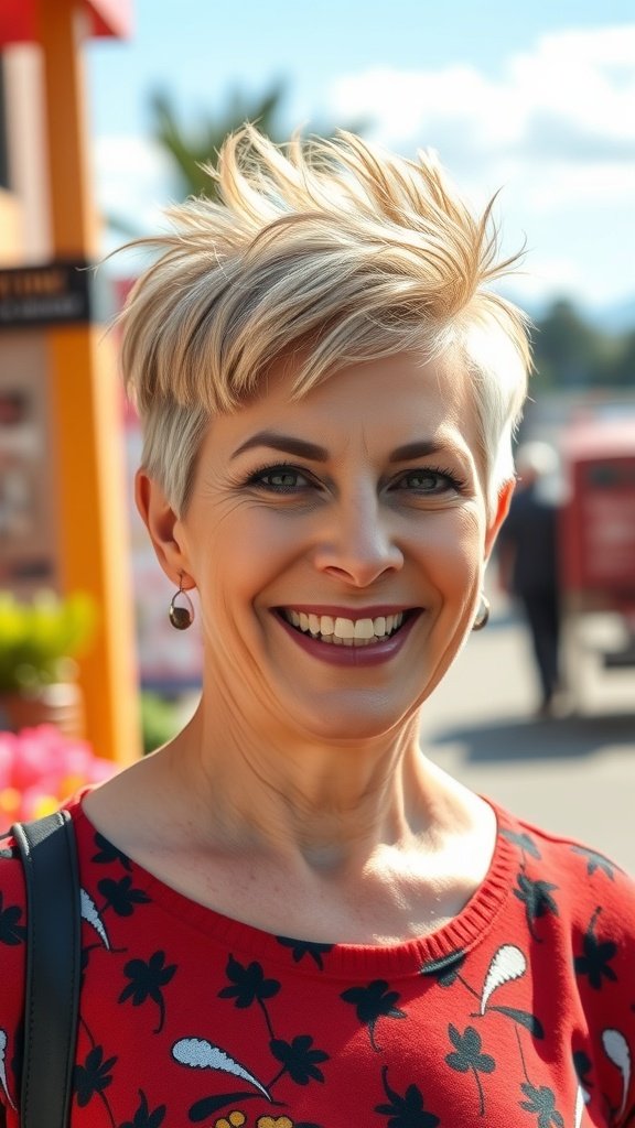 A woman with a spiky pixie hairstyle and an undercut, smiling and wearing a red floral sweater.